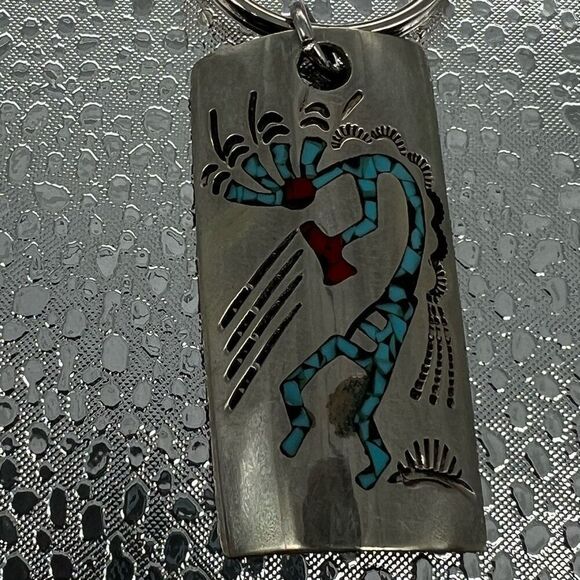 Navajo Sterling Tone And Turquoise Inlay KeyRing Tribal Dancer Key Chain Signed - Picture 5 of 7